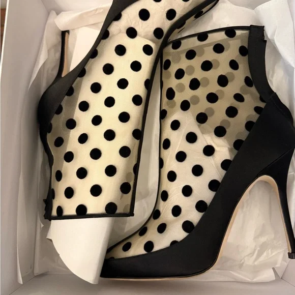 Manolo Blahnik Mukinka Ankle Boot | Black Polka Dot Mesh NEW Rare - Picture 2 of 9